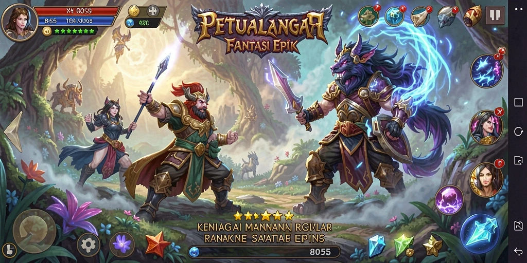 Screenshot permainan RPG 8055 menampilkan karakter epik dan pertempuran seru.