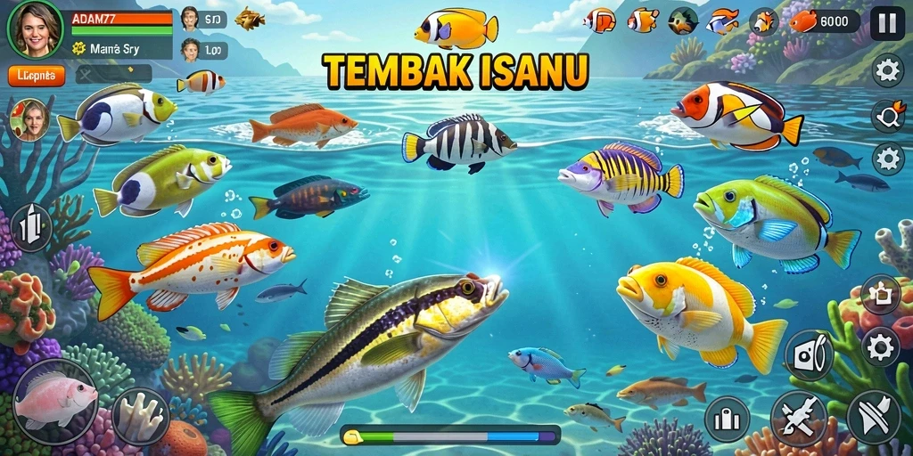 Tangkapan layar gameplay ADAM77 saat menembak ikan dengan intens.