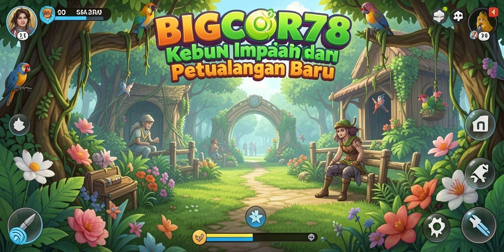 Screenshot menunjukkan kebun indah dengan berbagai tanaman yang sedang tumbuh.