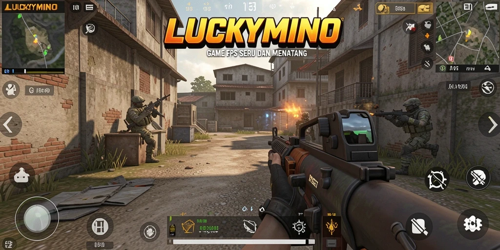 Tampilan gameplay mendebarkan di LUCKYMINO dengan aksi tembak menembak intens.