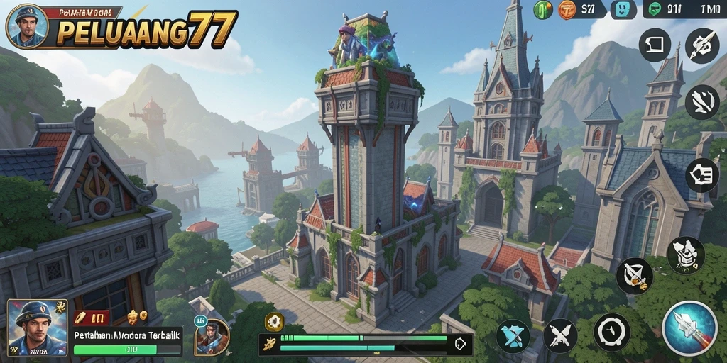 Screenshot gameplay PELUANG77 menampilkan menara pertahanan yang siap melawan gelombang musuh.