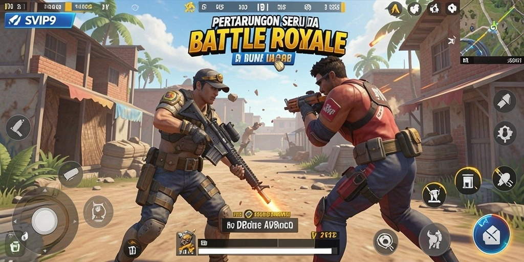 Screenshot gameplay SVIP9 yang penuh aksi di dunia Battle Royale.